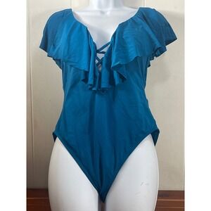 LA BLANCA Teal Blue Ruffle V Neck Lace Up One Piece Swimsuit Women's Size 14